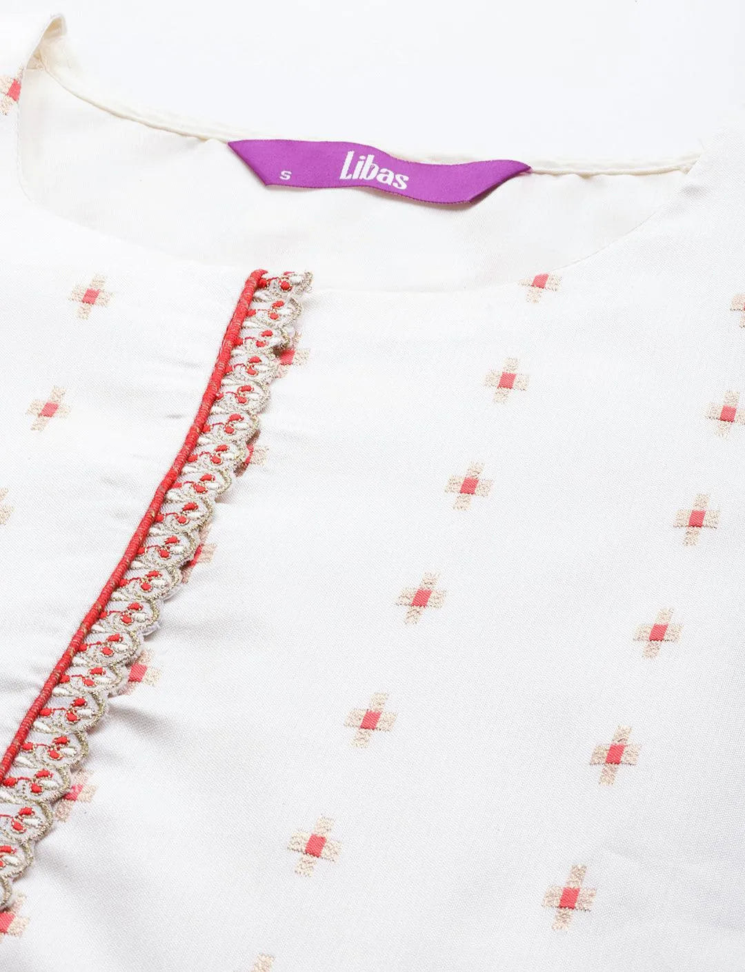Cream Woven Design Silk Blend Straight Kurta With Trousers & Dupatta - Libas 