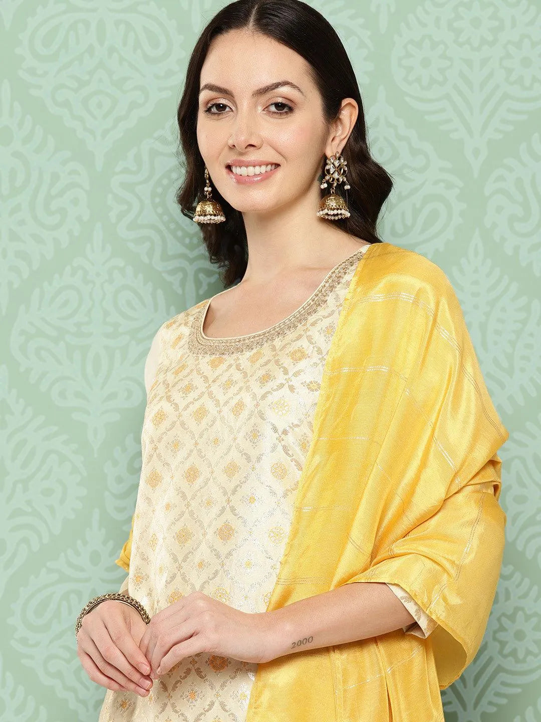 Cream Woven Design Silk Blend Straight Kurta With Trousers & Dupatta - Libas 