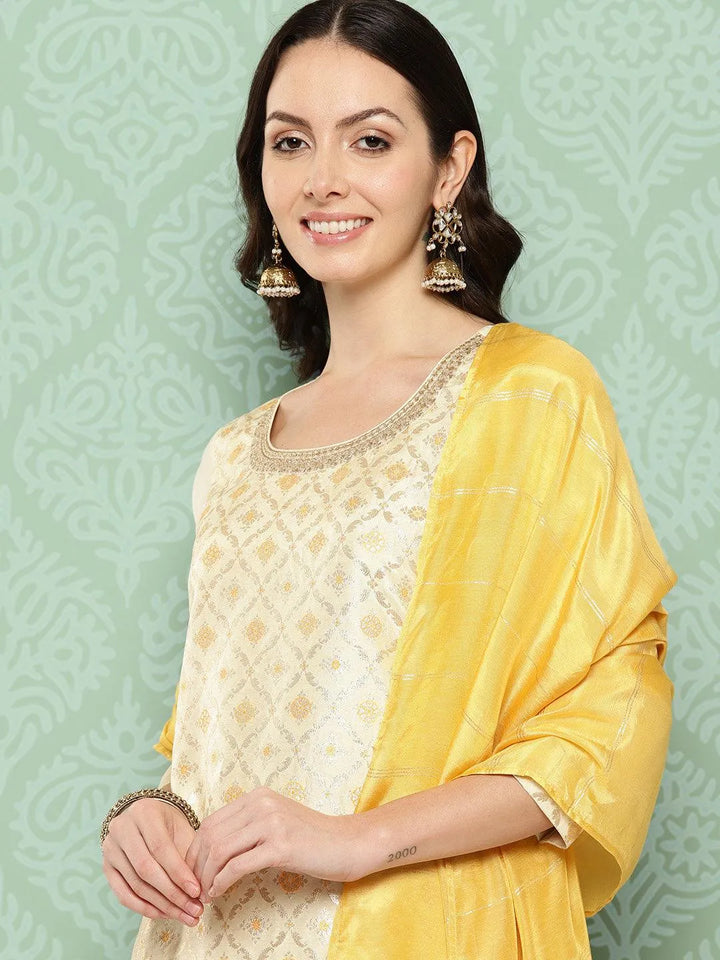 Cream Woven Design Silk Blend Straight Kurta With Trousers & Dupatta - Libas