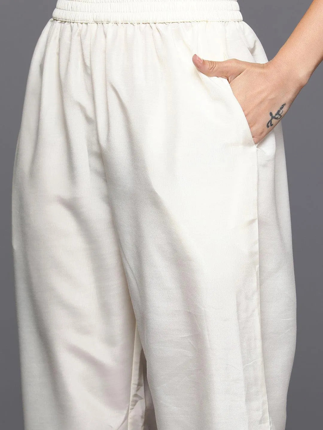Cream Woven Design Silk Blend Straight Kurta With Trousers & Dupatta - Libas 