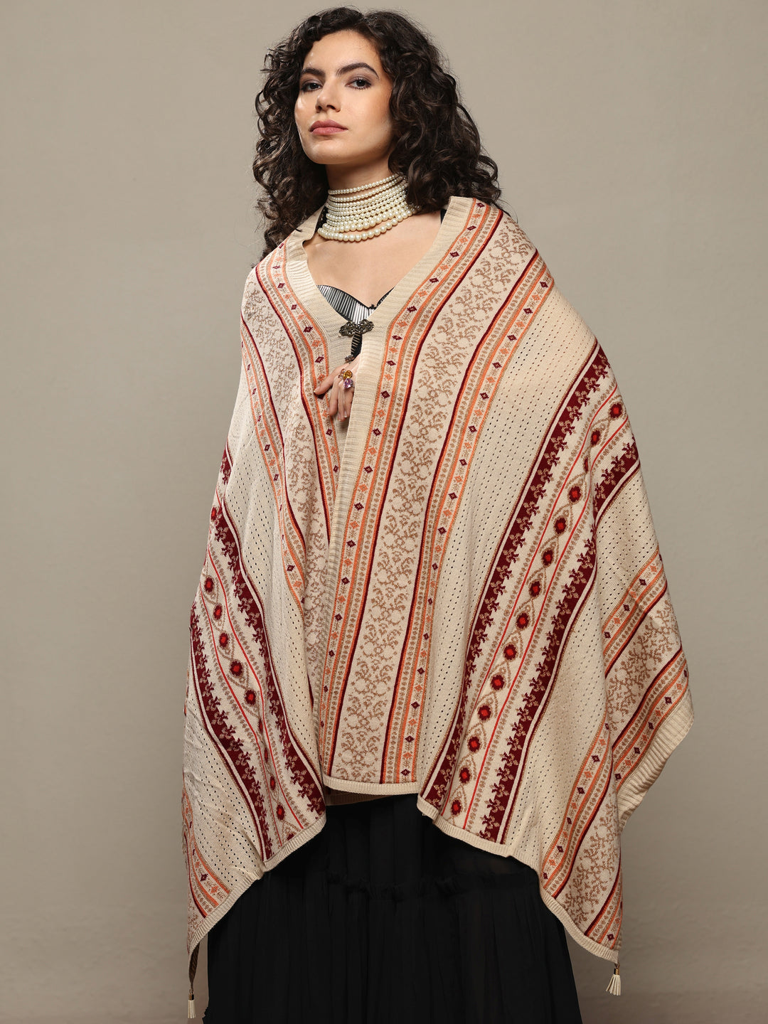 Cream Woven Design Wool Women's Shawl