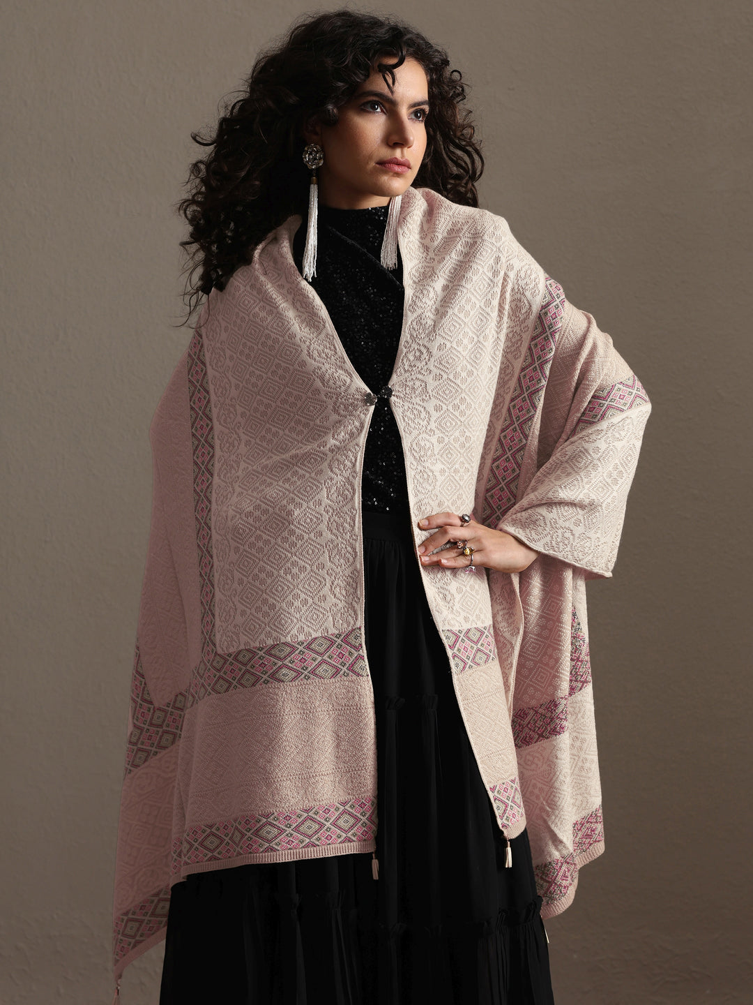 Cream Woven Design Wool Women's Shawl