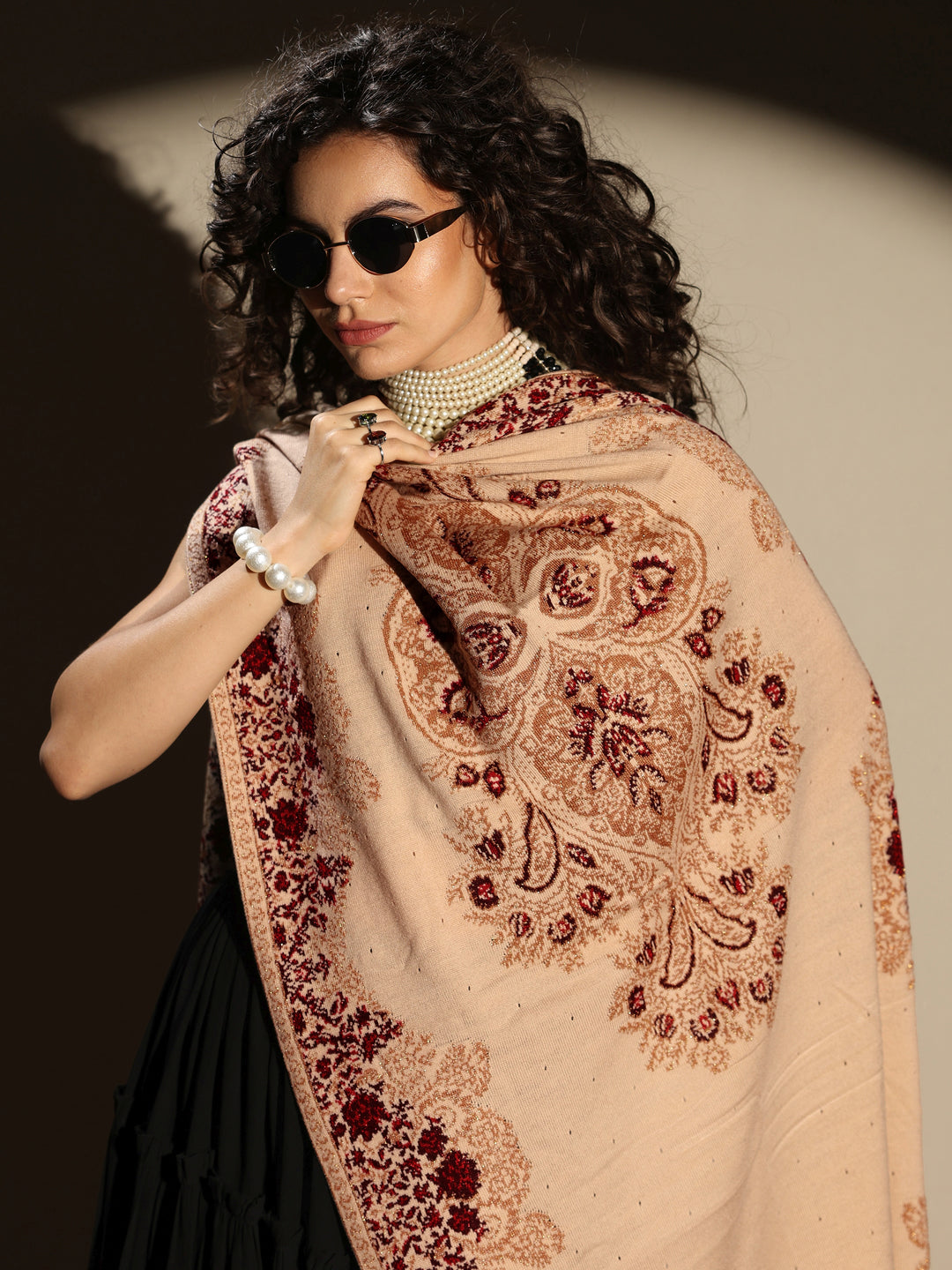 Cream Woven Design Wool Women's Shawl
