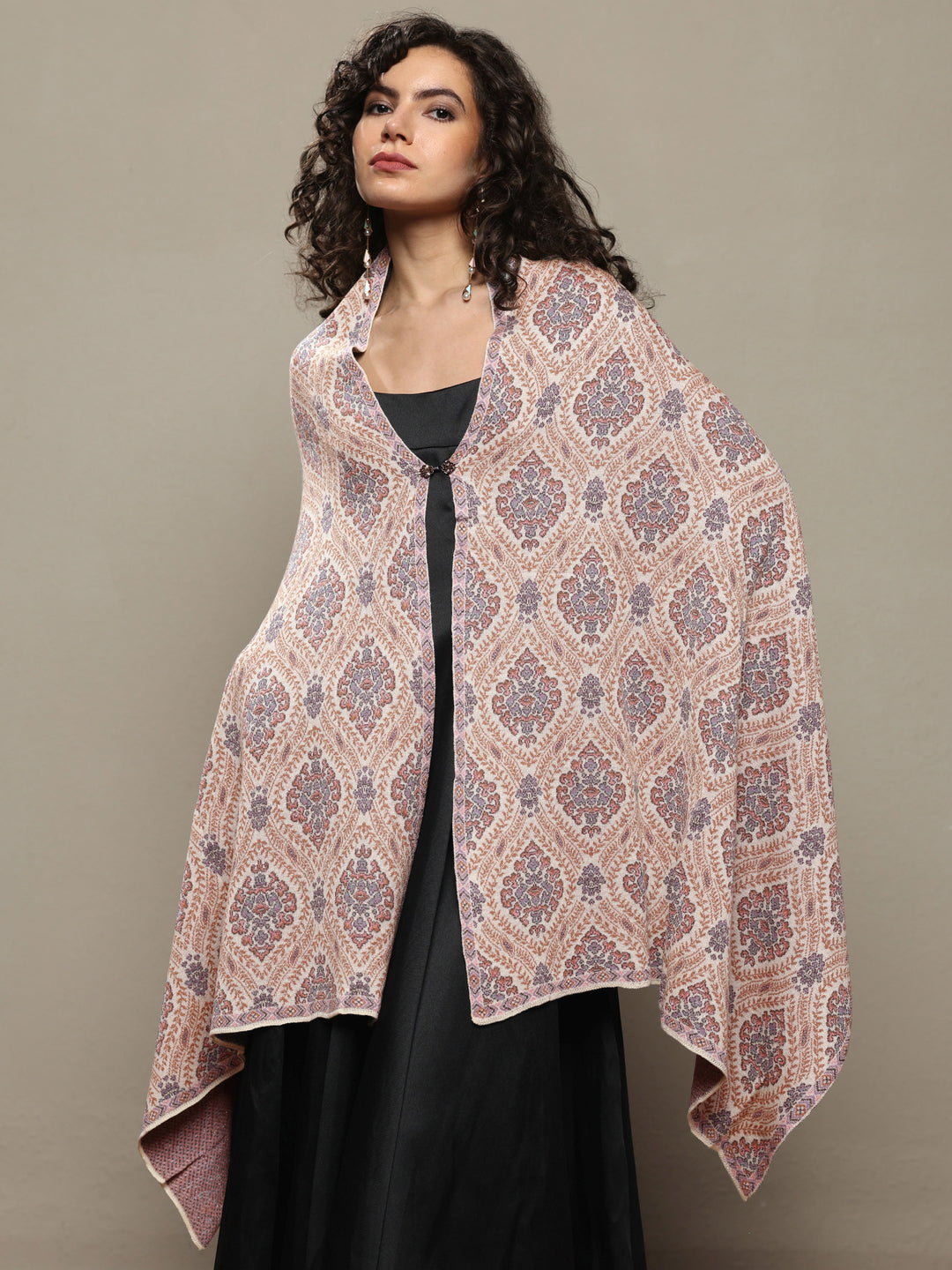 Cream Woven Design Wool Wrap Shawl