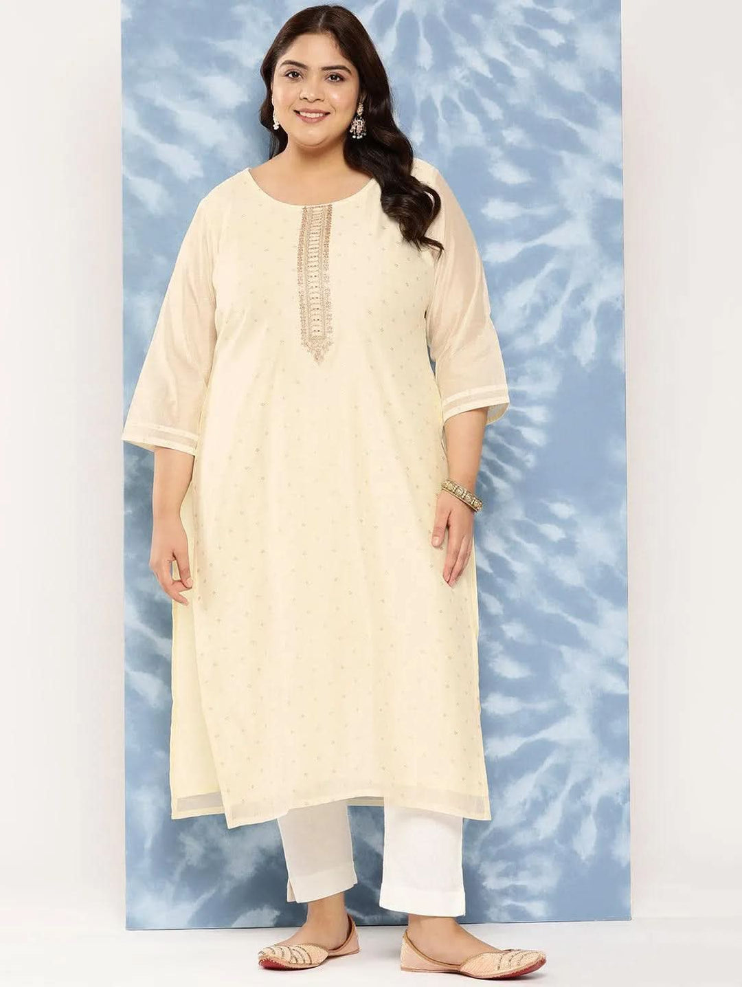 Cream Yoke Design Chanderi Silk Straight Kurta - Libas 