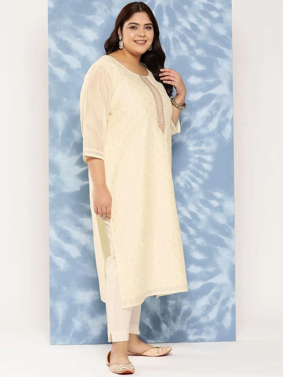 Cream Yoke Design Chanderi Silk Straight Kurta - Libas 