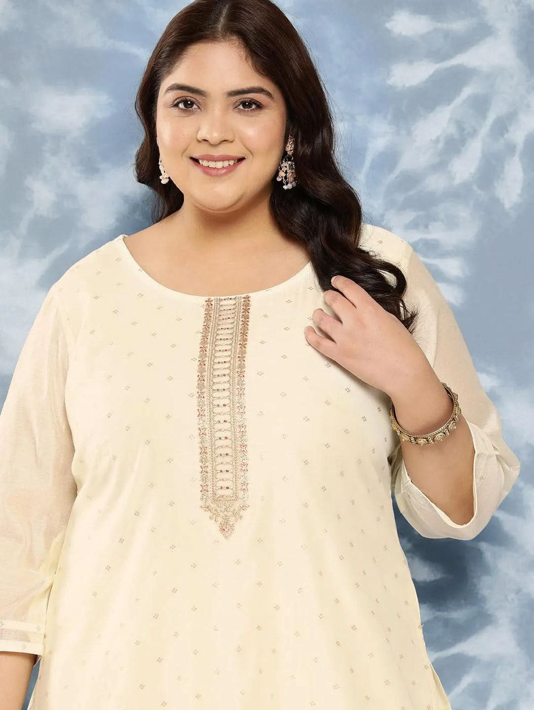 Cream Yoke Design Chanderi Silk Straight Kurta - Libas 