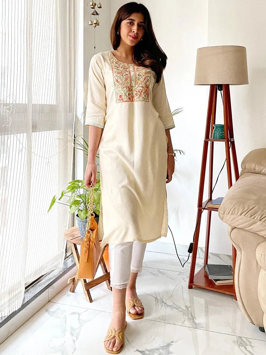 Cream Yoke Design Pashmina Wool Straight Kurta - Libas 