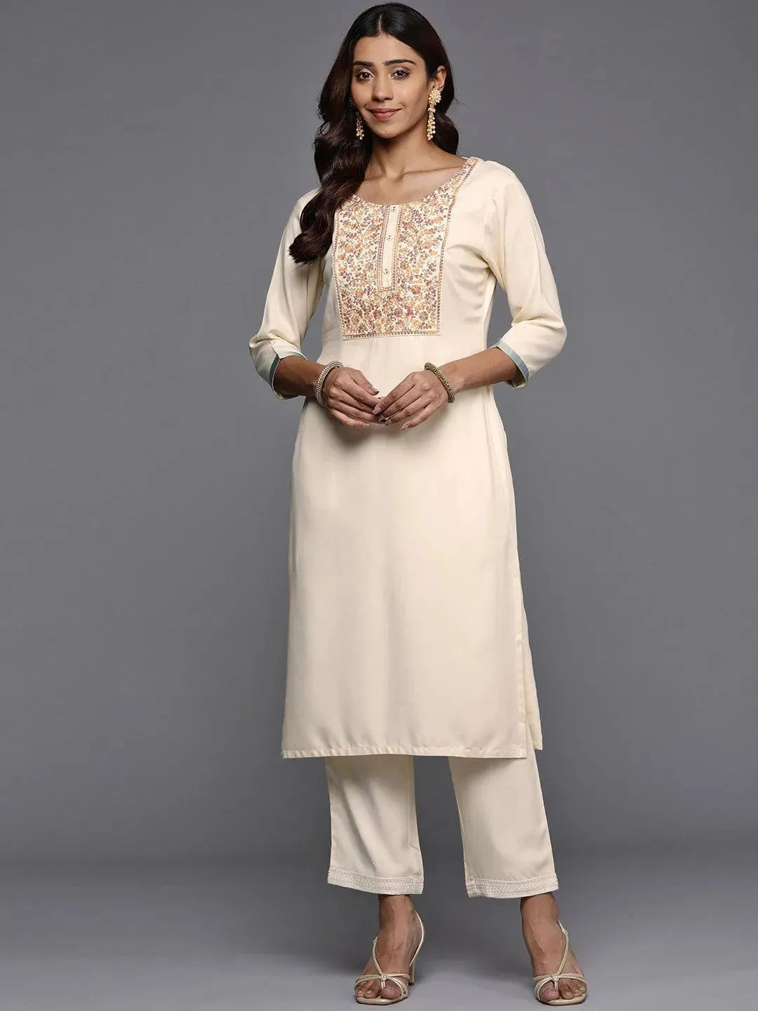 Cream Yoke Design Pashmina Wool Straight Kurta - Libas 