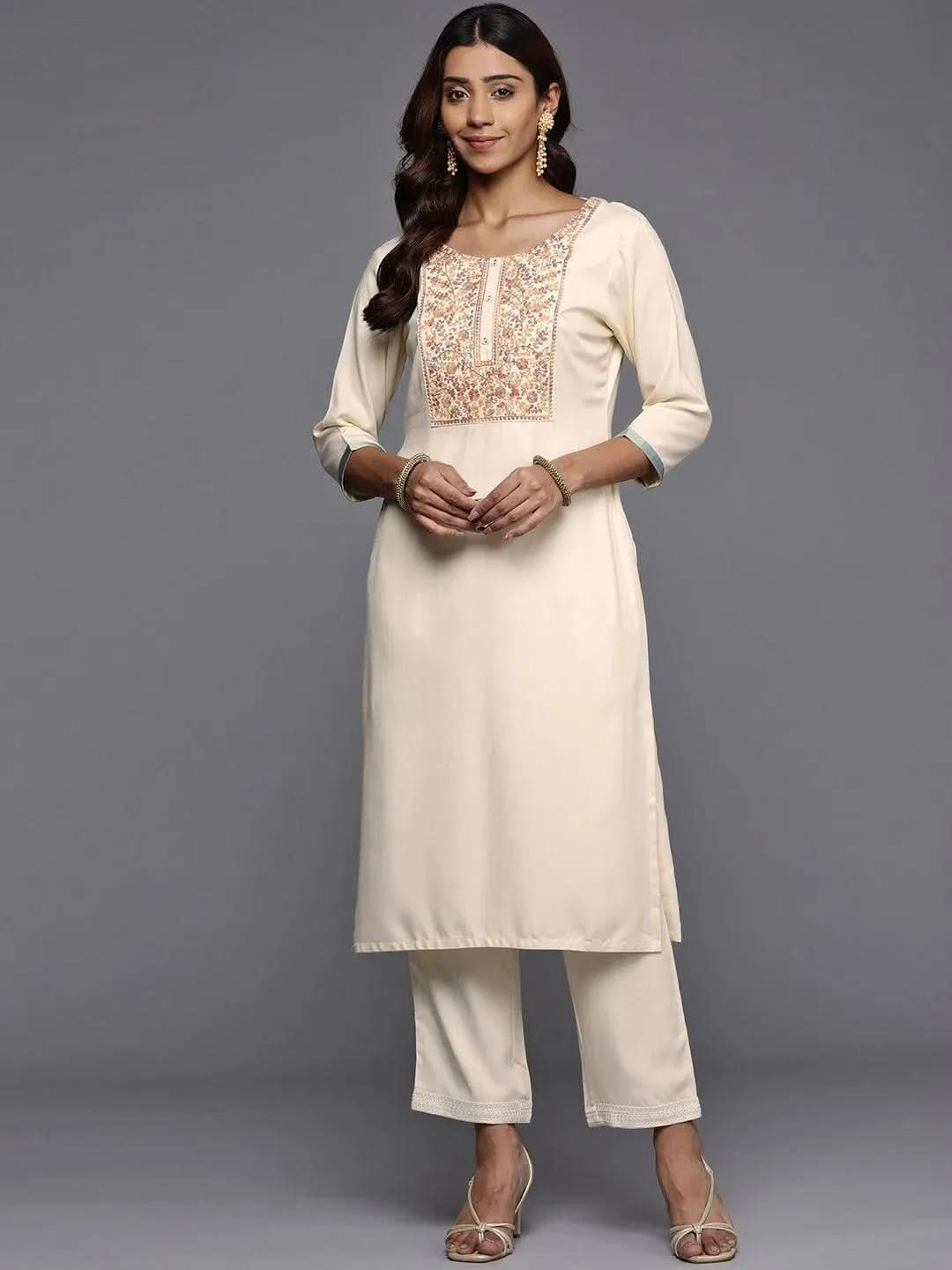 Cream Yoke Design Pashmina Wool Straight Kurta - Libas