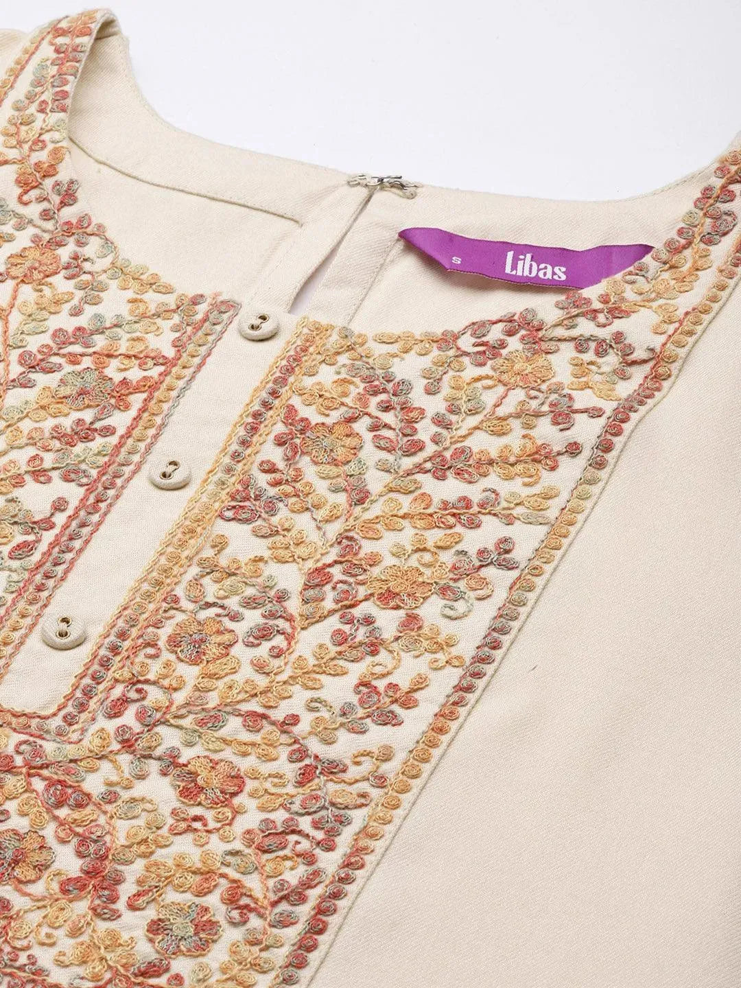 Cream Yoke Design Pashmina Wool Straight Kurta - Libas 