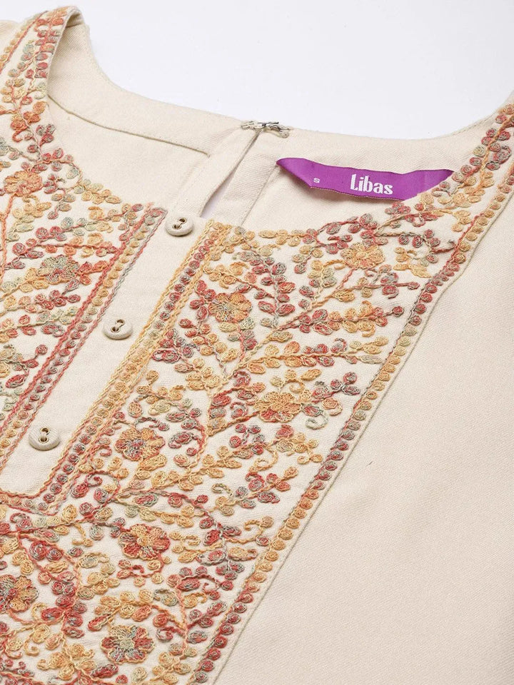 Cream Yoke Design Pashmina Wool Straight Kurta - Libas