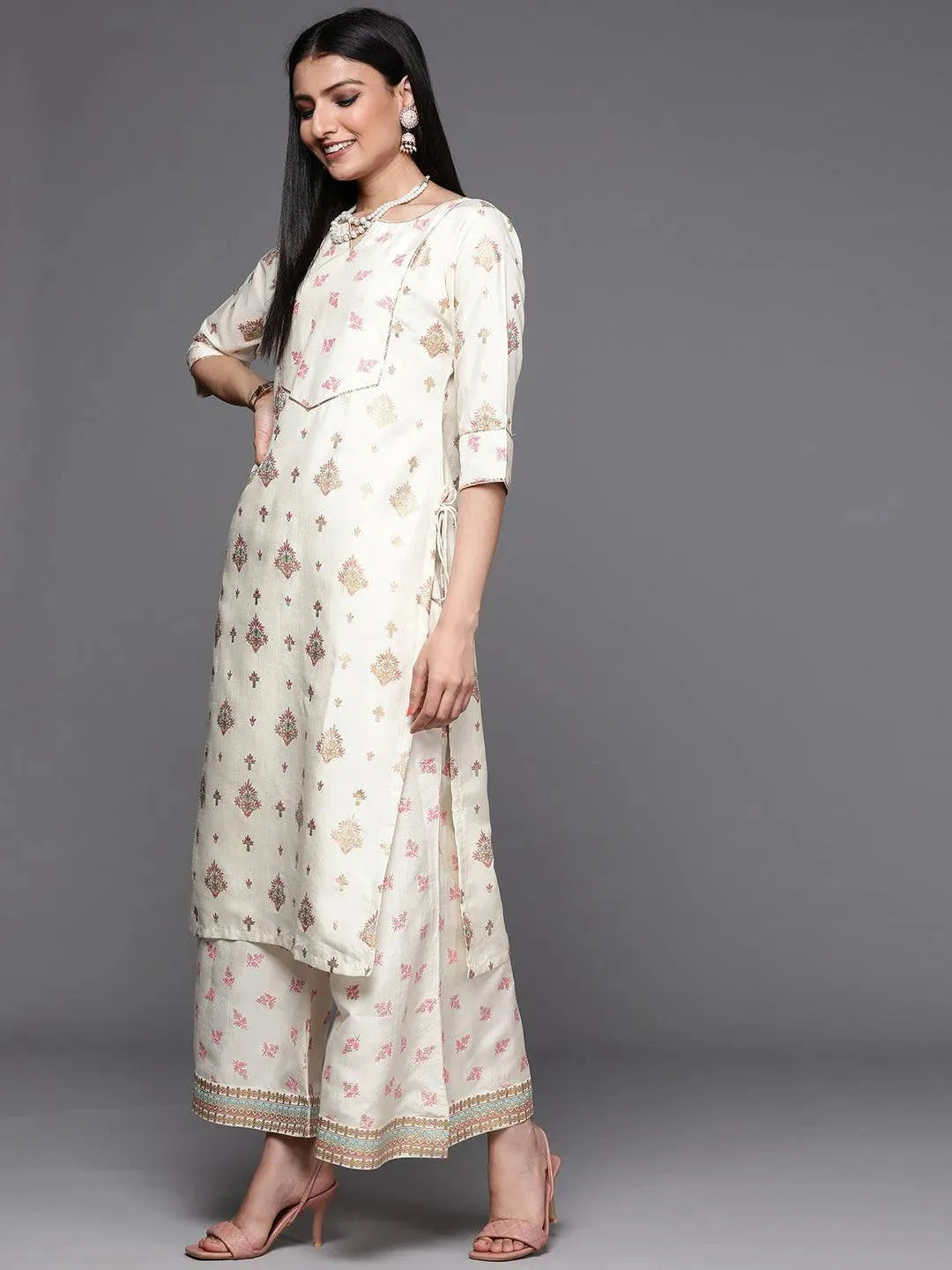 Cream Yoke Design Silk Suit Set - Libas 