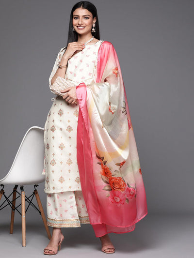 Cream Yoke Design Silk Suit Set - Libas