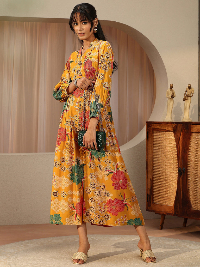 Libas Daffodil Yellow Floral Printed Silk Blend Empire Dress