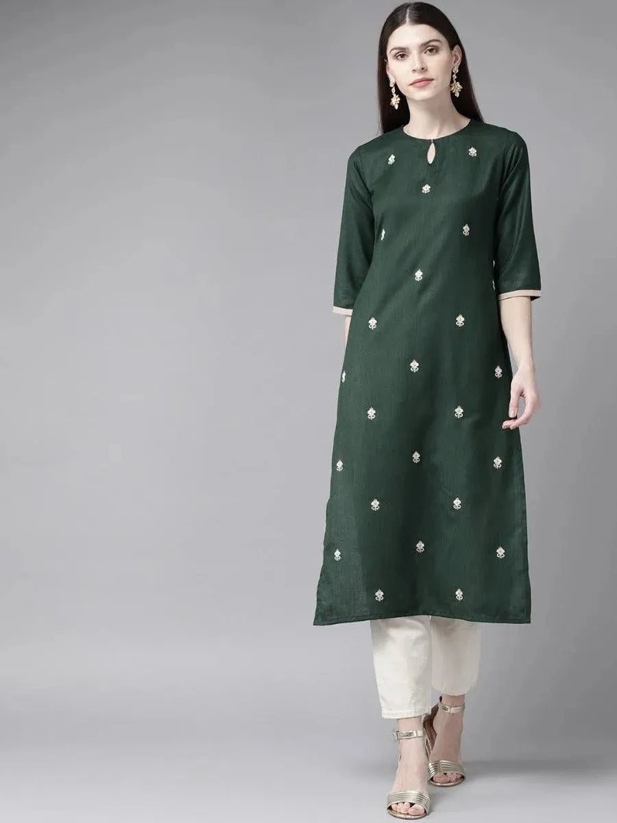 Dark Green Embroidered Cotton Kurta - Libas