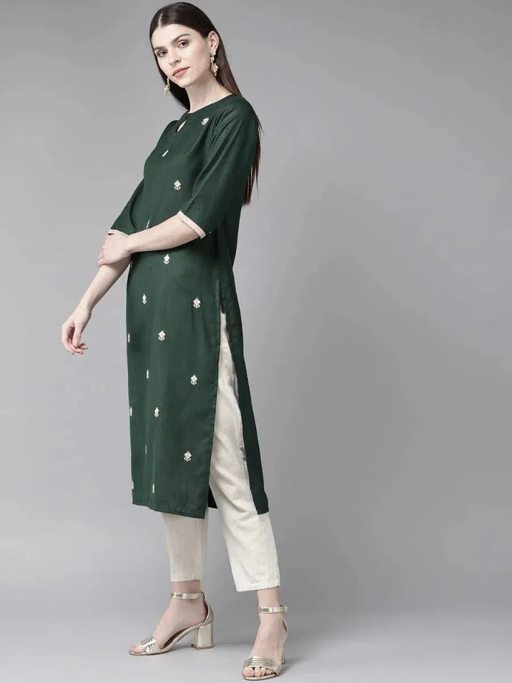 Dark Green Embroidered Cotton Kurta - Libas