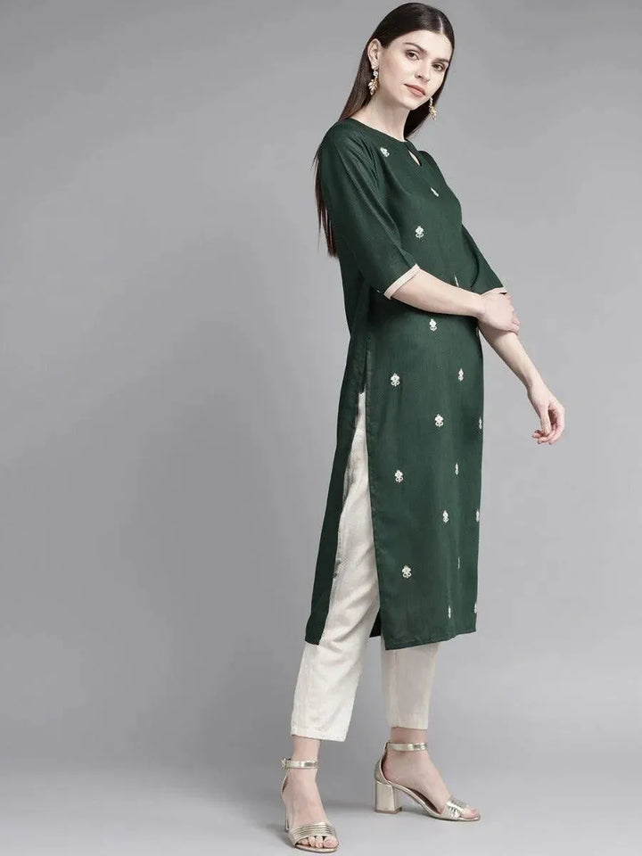 Dark Green Embroidered Cotton Kurta - Libas