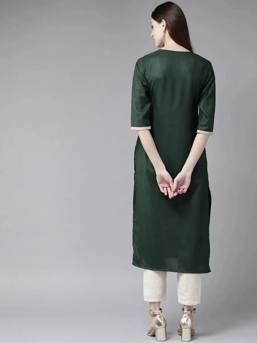 Dark Green Embroidered Cotton Kurta - Libas