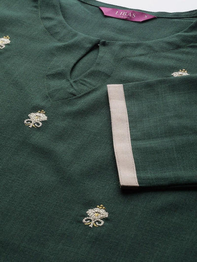 Dark Green Embroidered Cotton Kurta - Libas