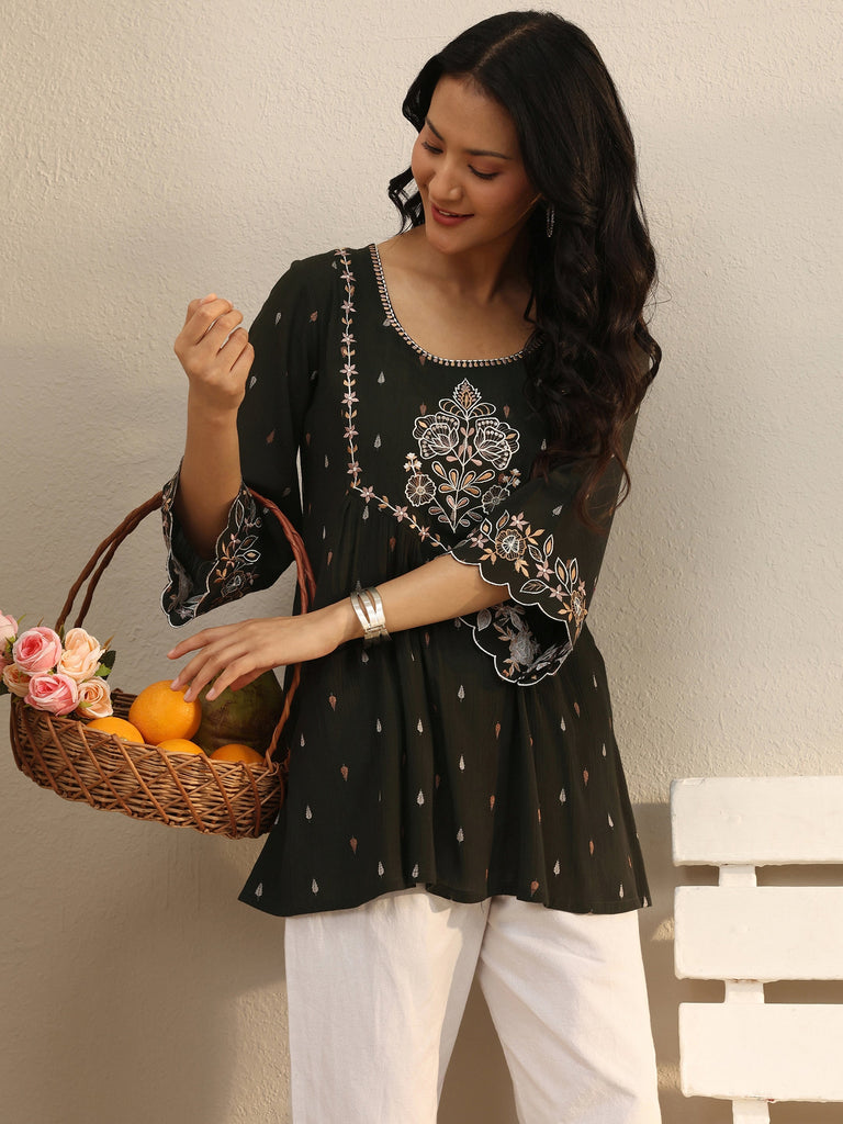 Libas Dark Green Floral Embroidered Rayon A-Line Short Kurti