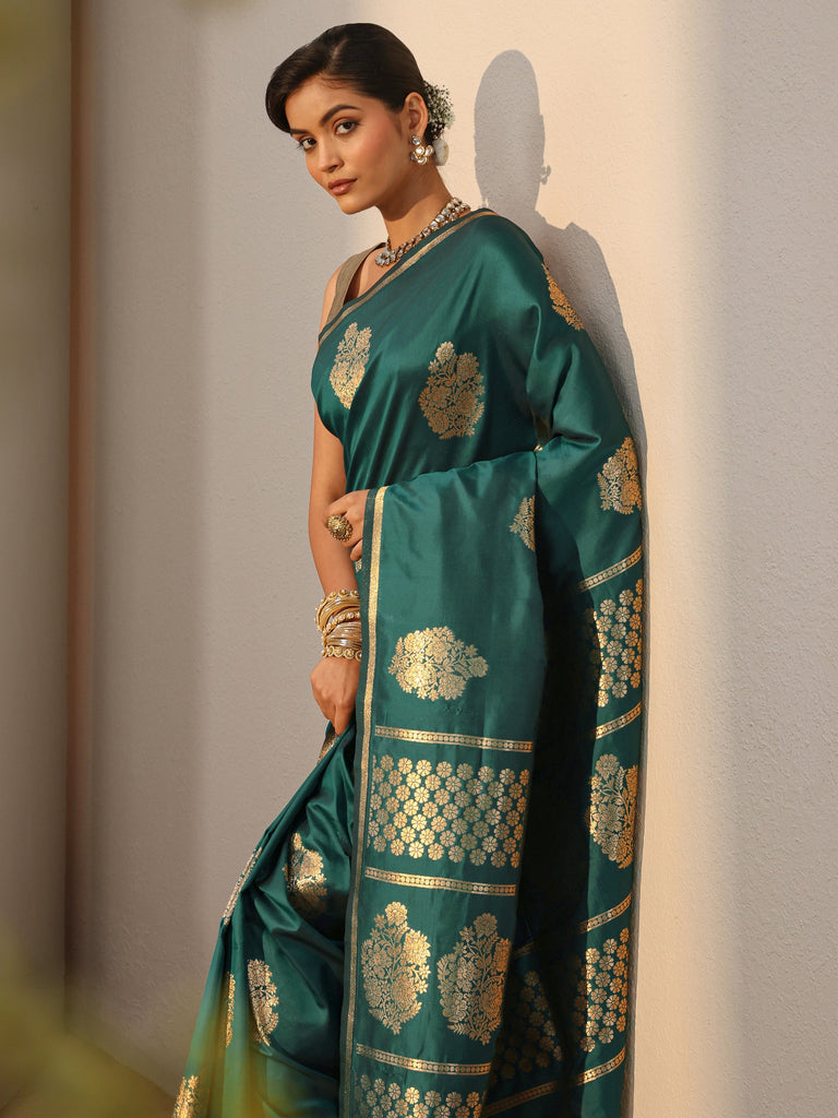 Libas Dark Green Kanjeevaram Silk Blend Saree