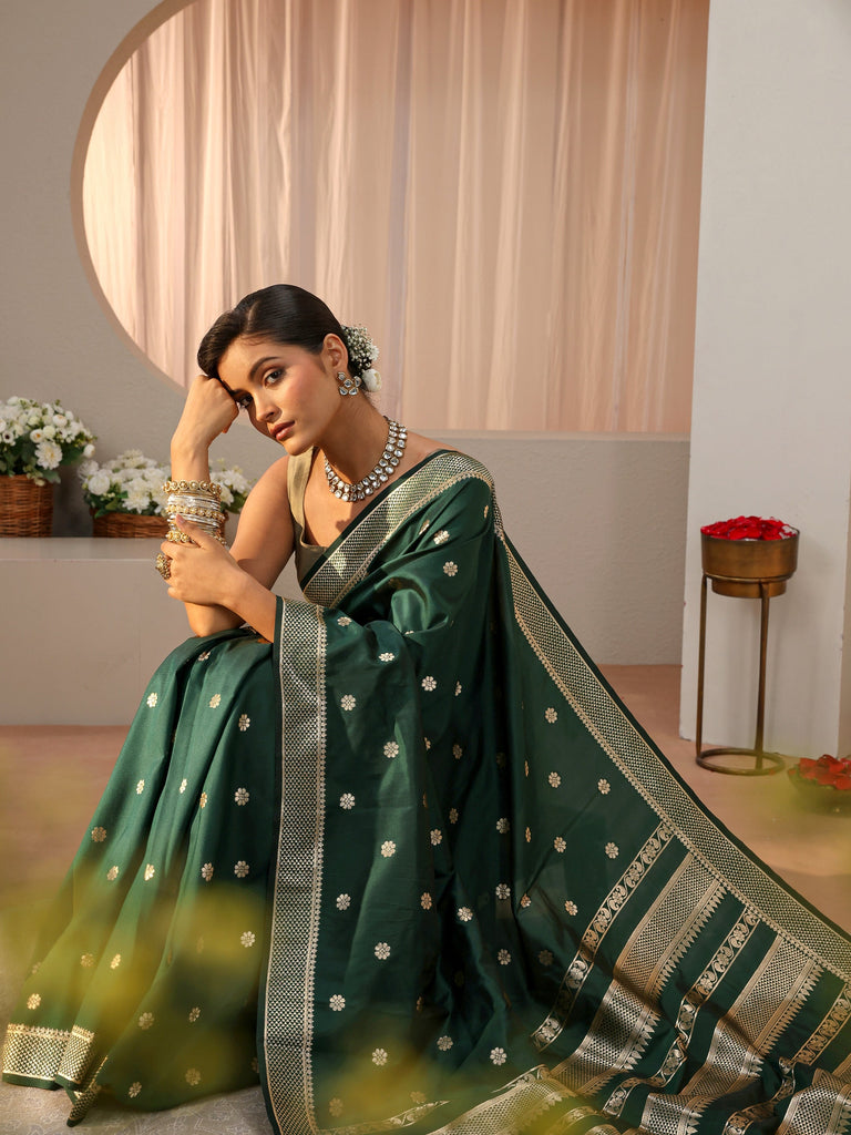 Libas Dark Green Kanjeevaram Silk Blend Saree