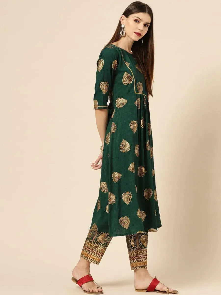 Dark Green Printed Rayon Kurta Set - Libas