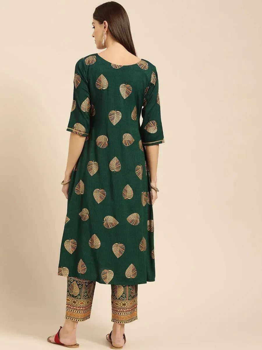 Dark Green Printed Rayon Kurta Set - Libas