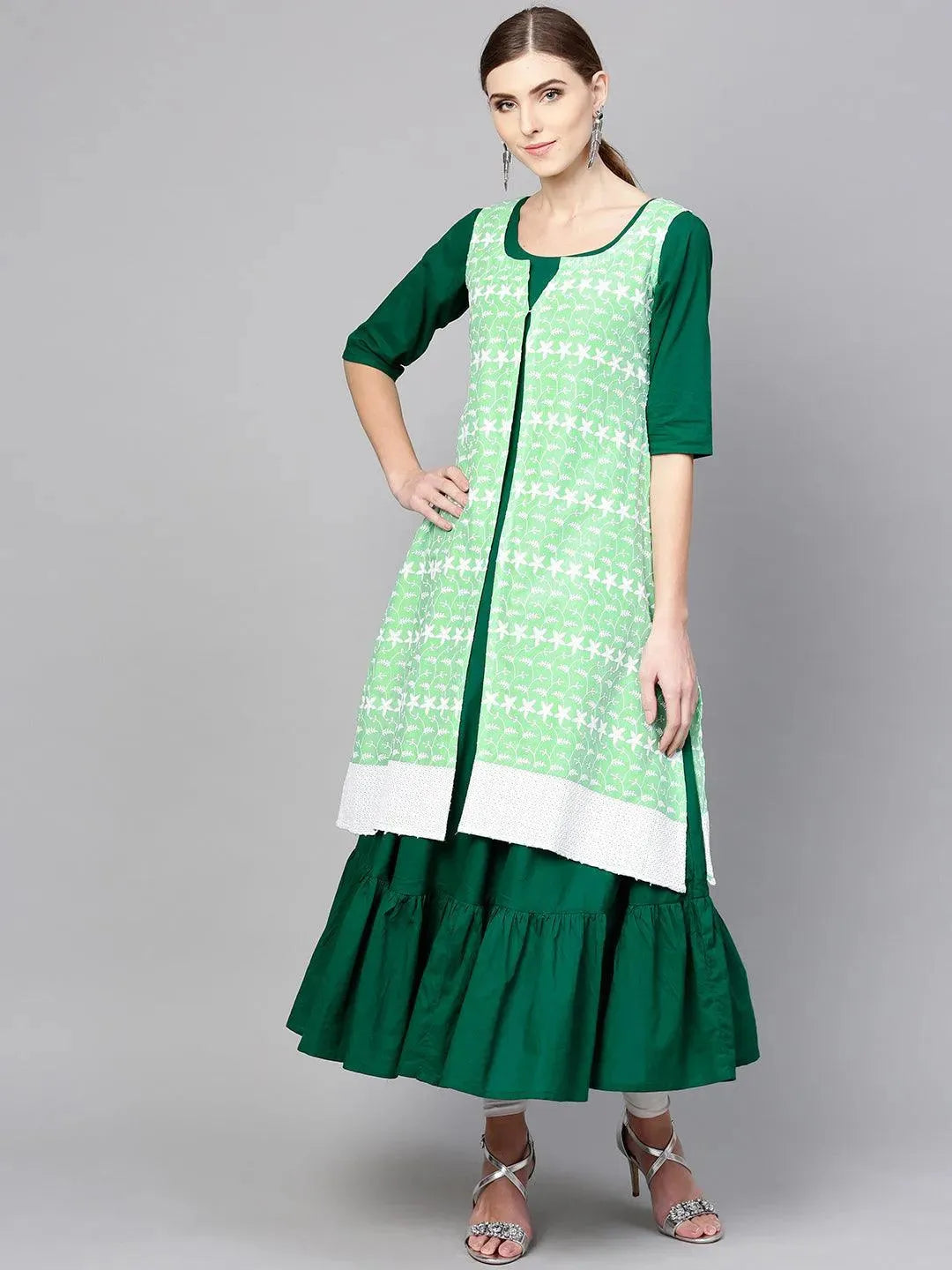 Dark Green Solid Cotton Kurta With Jacket