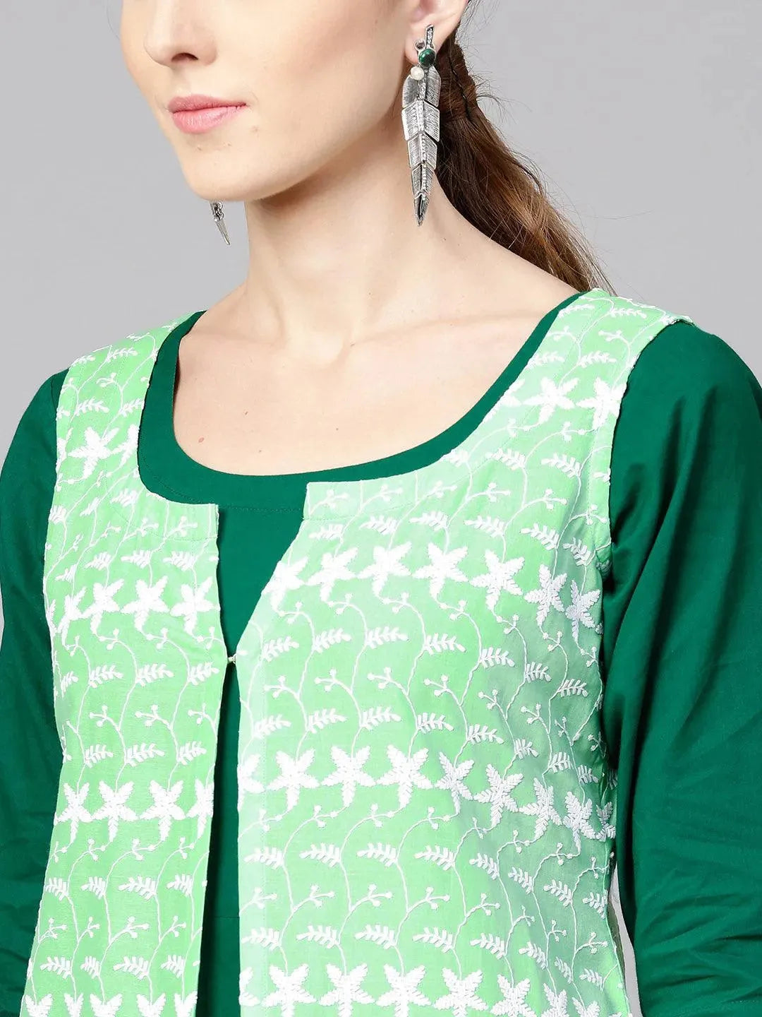 Dark Green Solid Cotton Kurta With Jacket - Libas 