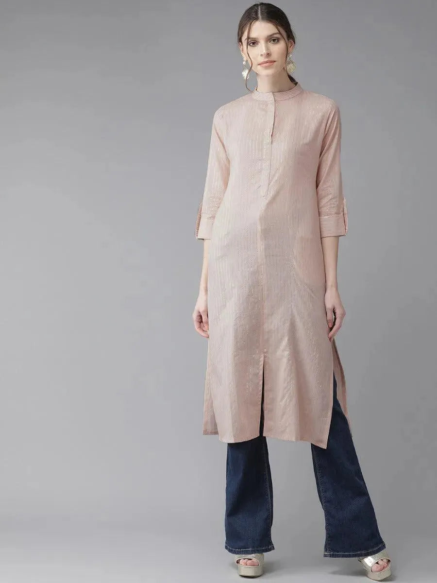 Dusky Peach Striped Cotton Kurta - Libas