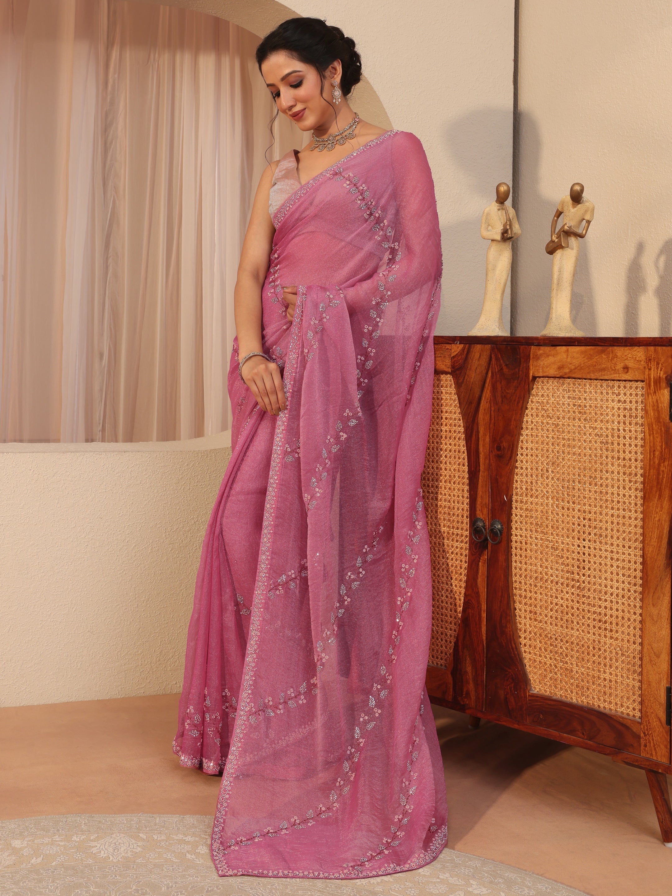 libas Dusty Pink Embellished Tissue Saree-picture-35