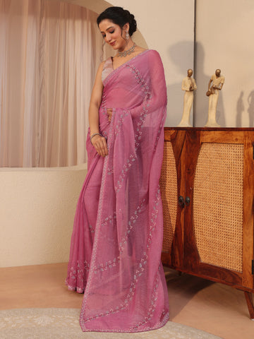 Dusty Pink Embellished Tissue Saree