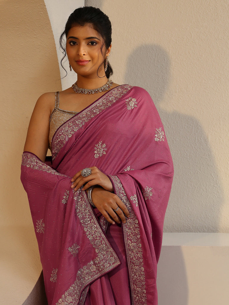 Libas Dusty Pink Floral Embroidered Silk Blend Saree
