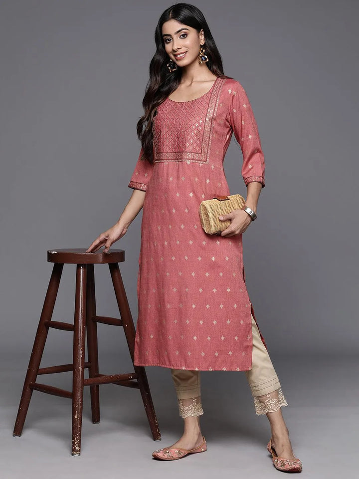Dusty Pink Printed Rayon Straight Kurta - Libas