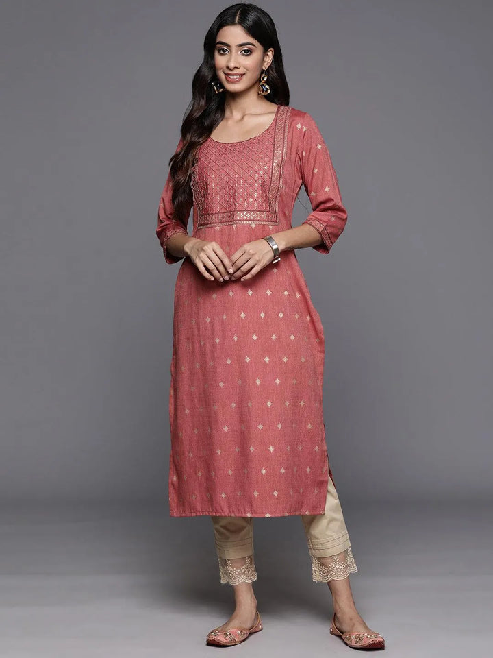 Dusty Pink Printed Rayon Straight Kurta - Libas