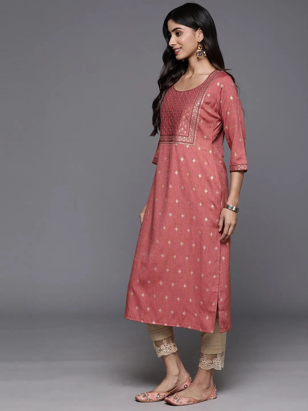 Dusty Pink Printed Rayon Straight Kurta - Libas 