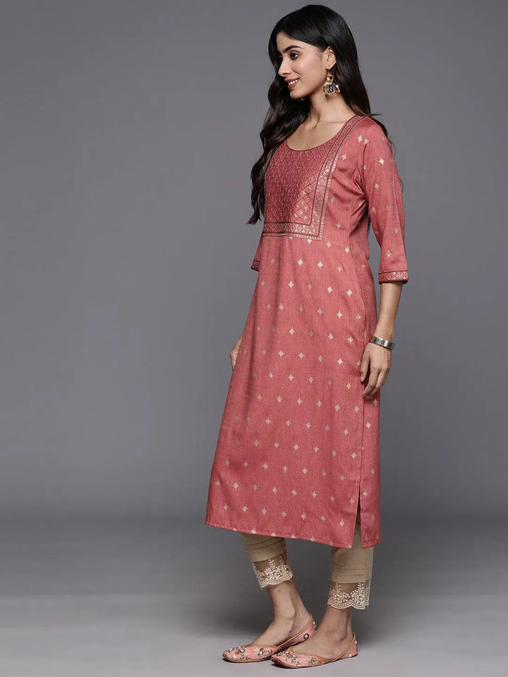 Dusty Pink Printed Rayon Straight Kurta - Libas