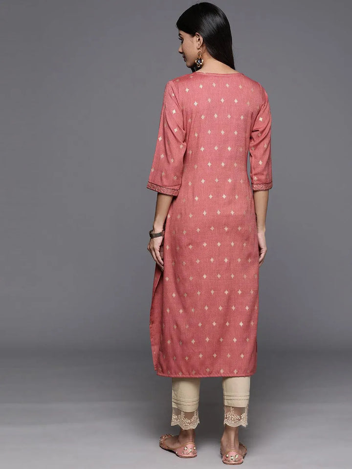 Dusty Pink Printed Rayon Straight Kurta - Libas