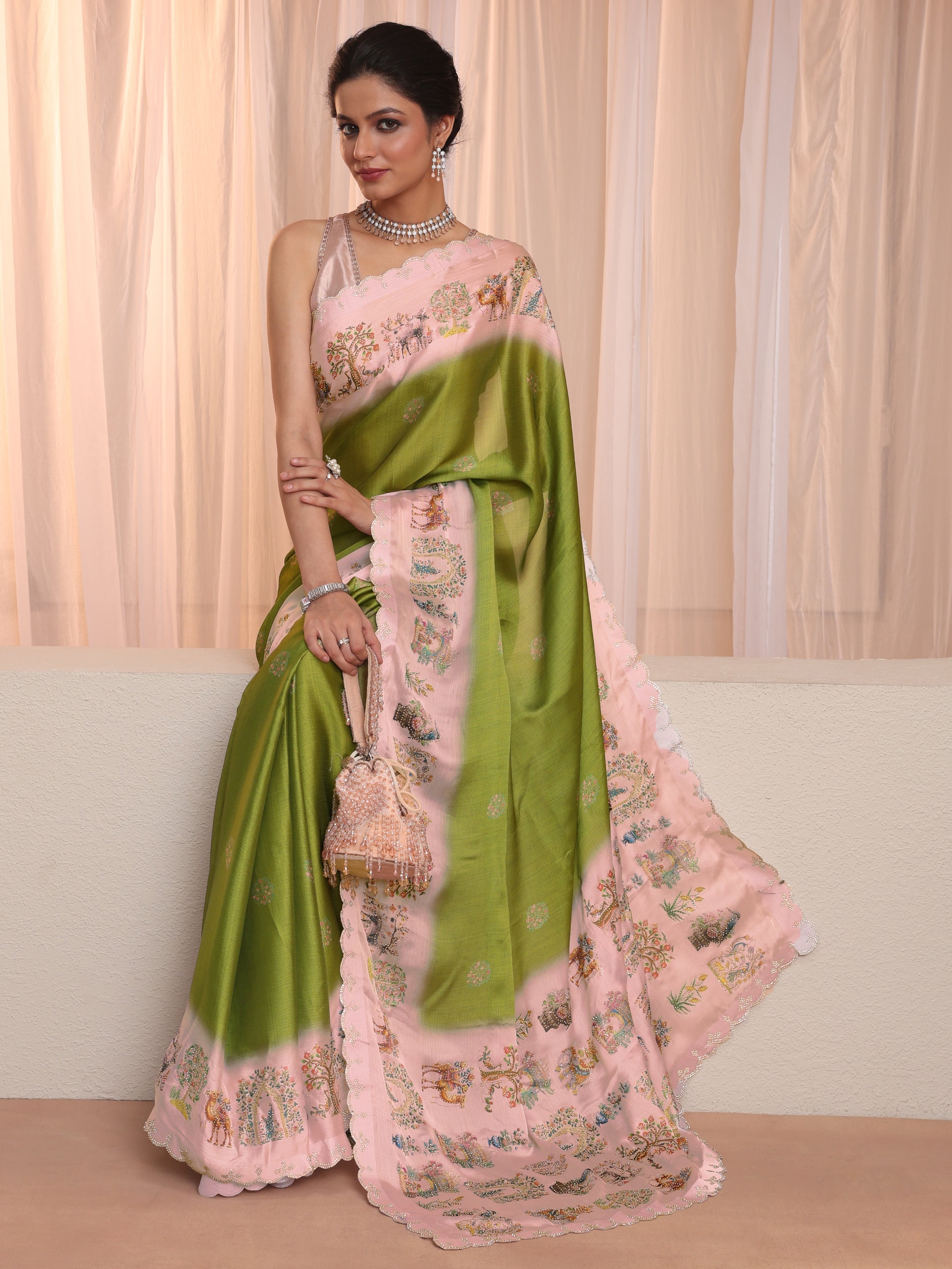 libas Fern Green Chiffon Saree Wth Printed Border-picture-13