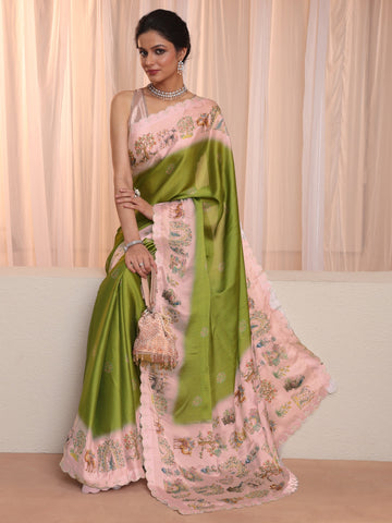 Fern Green Chiffon Saree Wth Printed Border