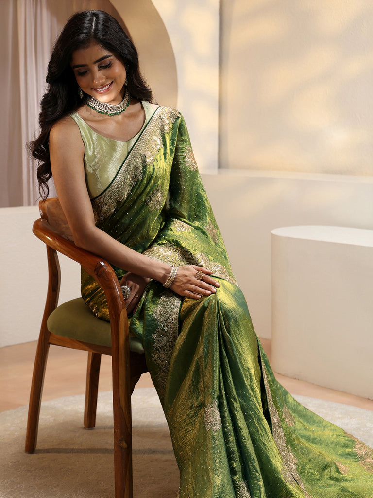 Libas Fern Green Floral Embroidered Tissue Saree