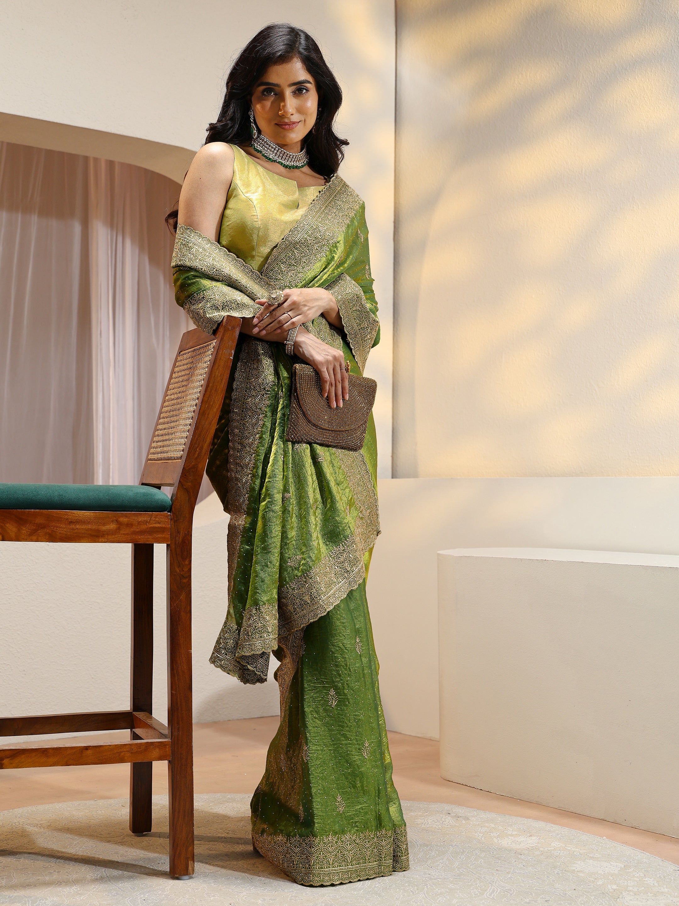 libas Fern Green Floral Embroidered Tissue Saree-picture-66