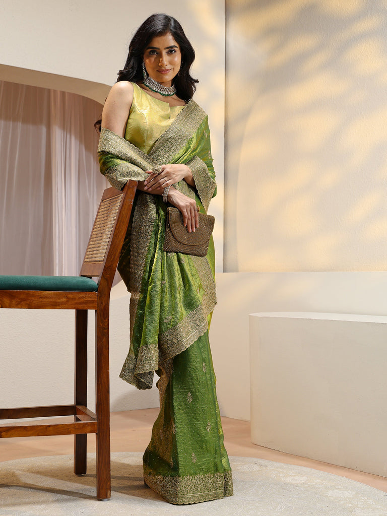 Libas Fern Green Floral Embroidered Tissue Saree