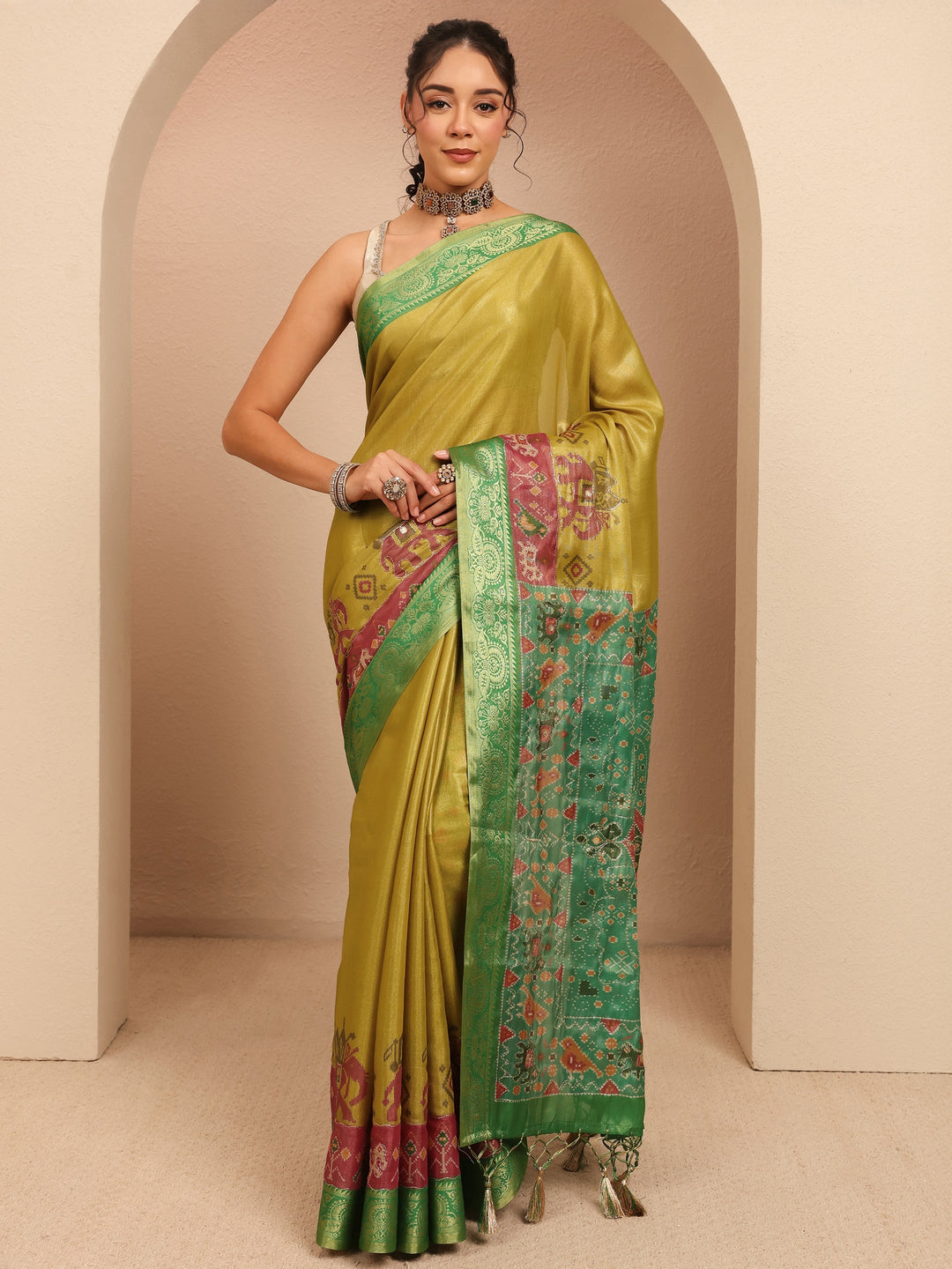  Fern Green Patola Border Silk Blend Saree 