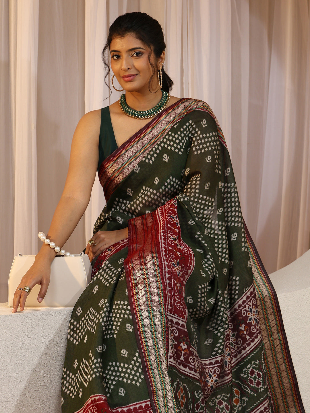 Forest Green Ethnic Print Silk Blend Bomkai Saree 