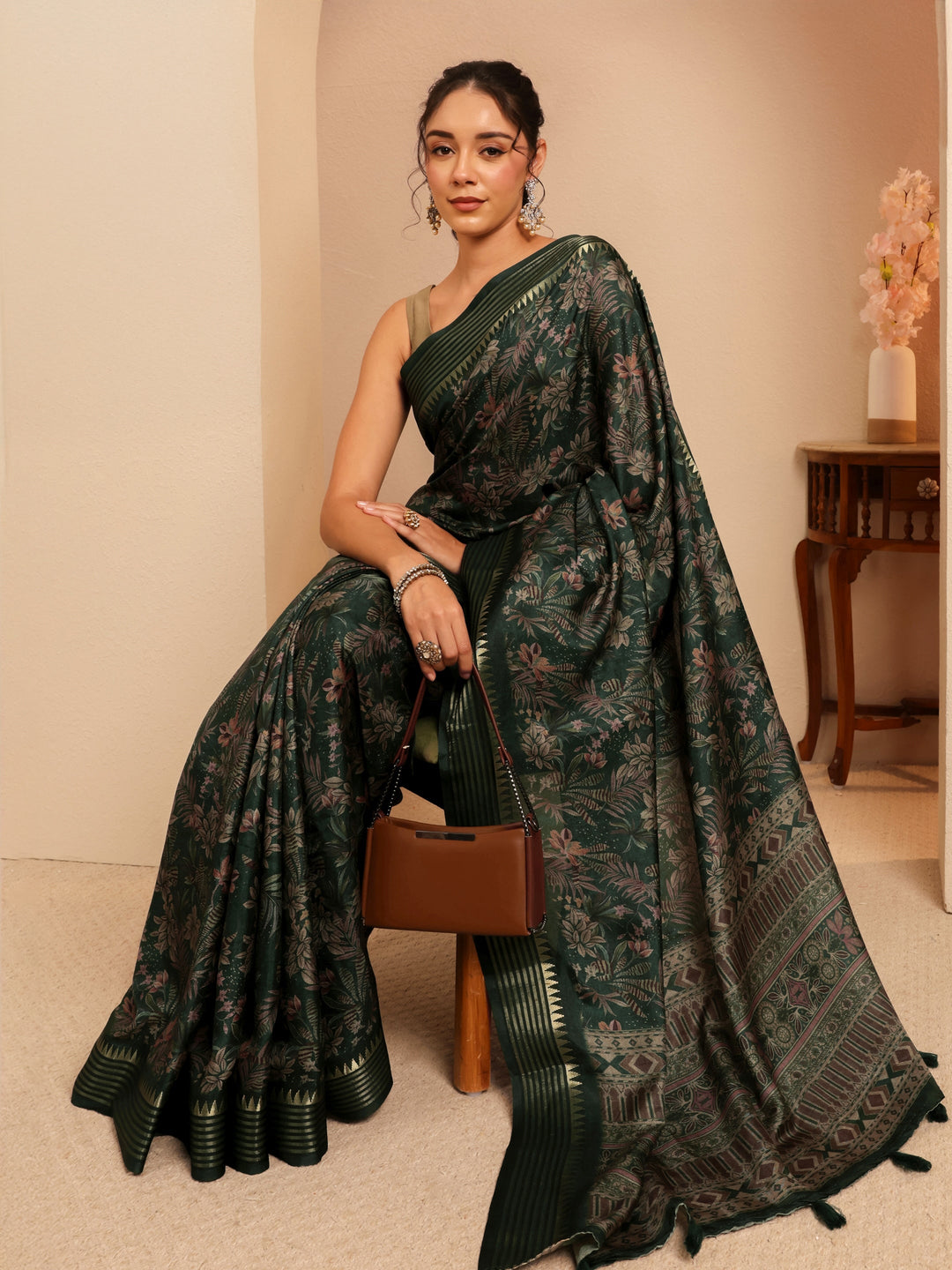  Forest Green Floral Printed Silk Blend Saree 