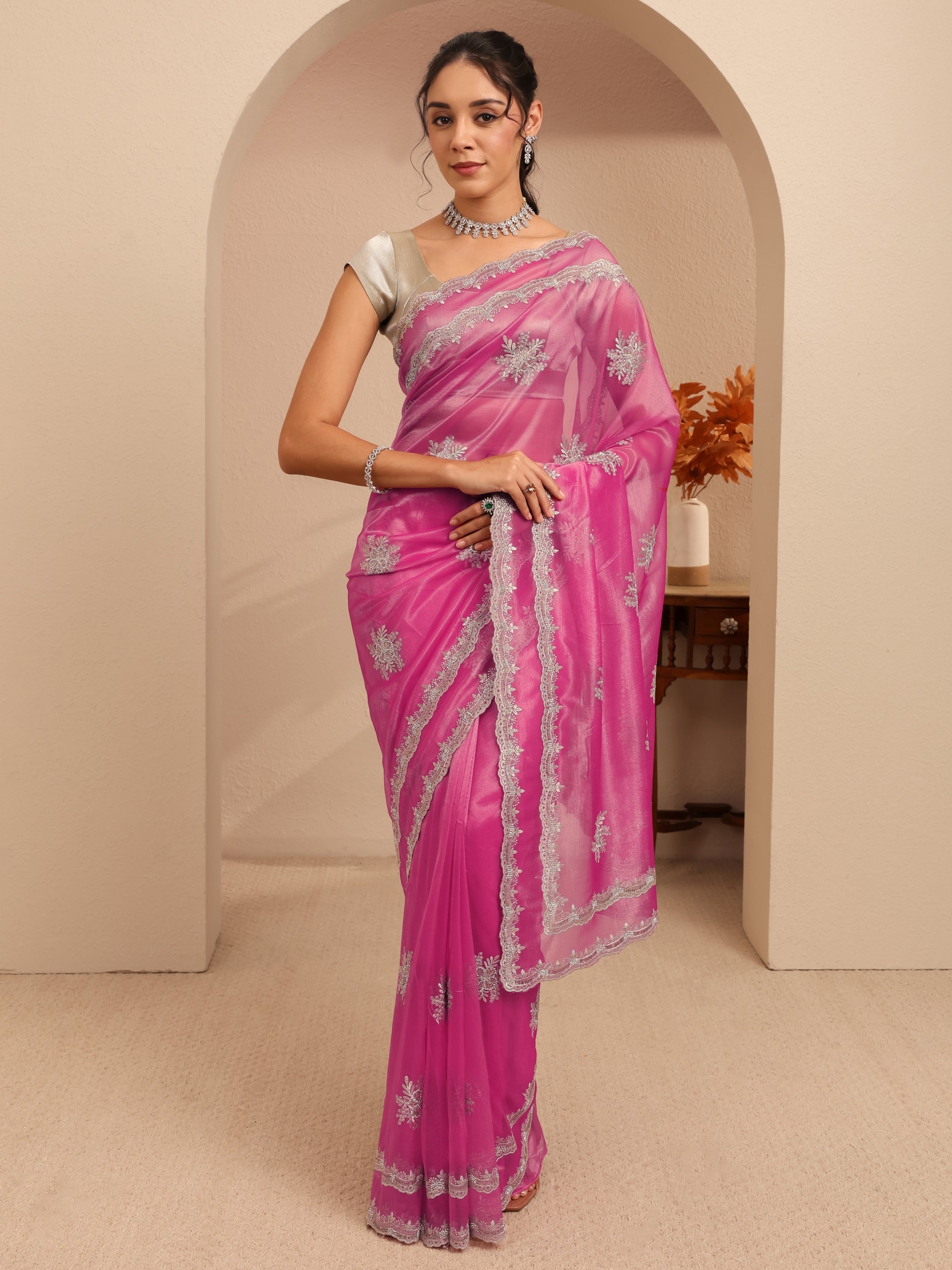 Libas French Pink Floral Embellished Net Saree-picture-65