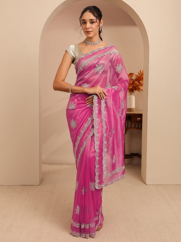 Libas French Pink Floral Embellished Net Saree
